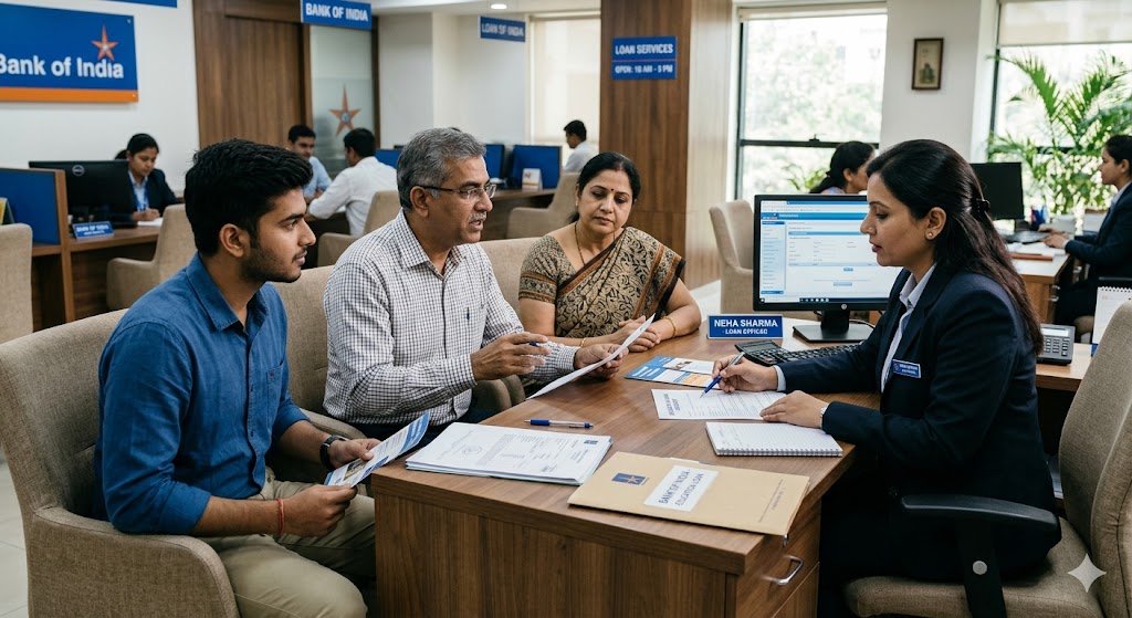 Student discussing collateral-free education loan with bank officer