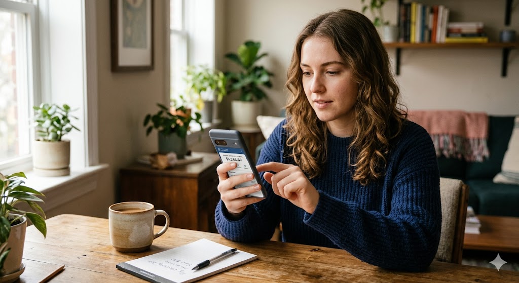 Beginner learning how online banking works on a smartphone