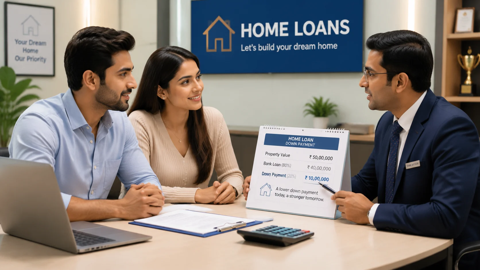 Couple discussing home loan down payment requirements