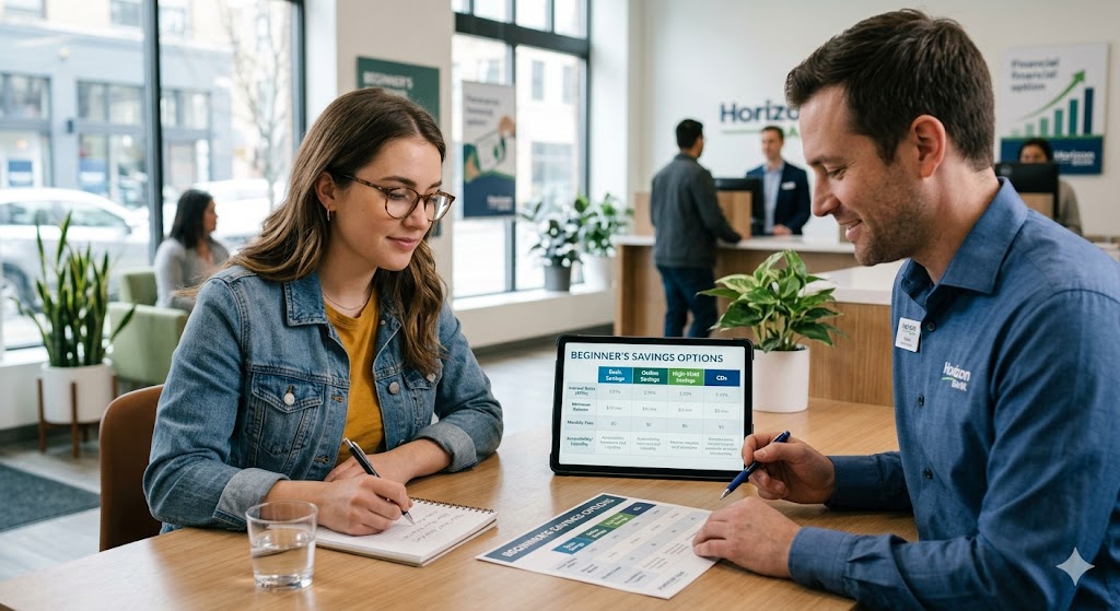 Beginner comparing different savings account options at a bank