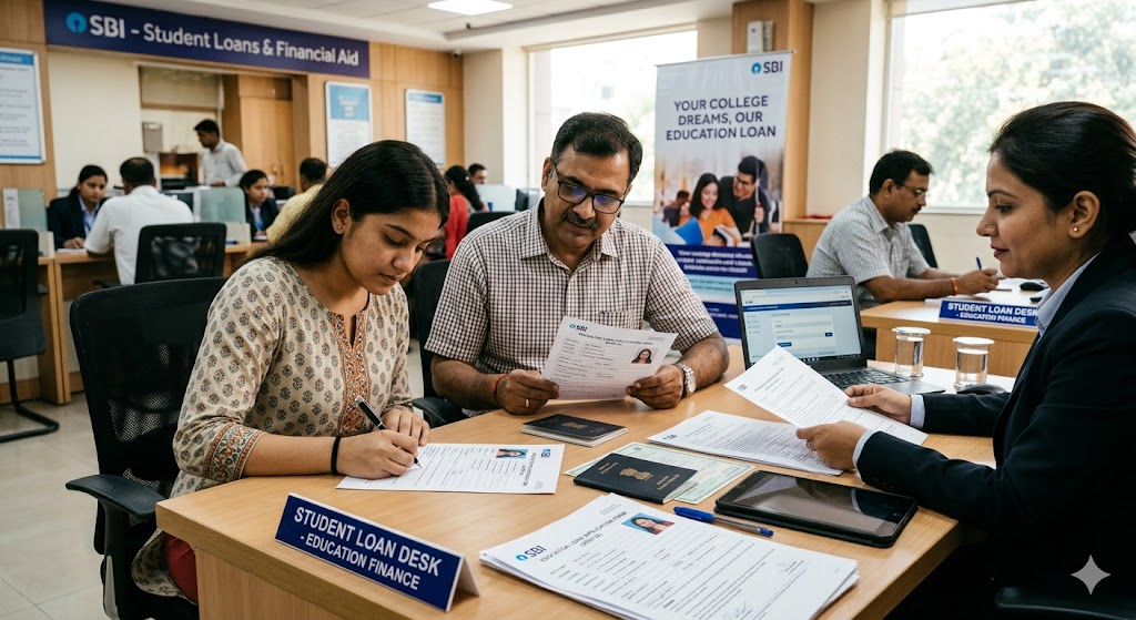 Student and parent applying for an education loan before college admission.