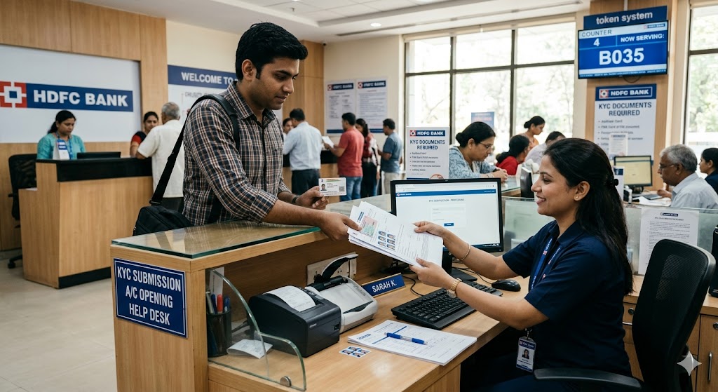 Customer submitting KYC documents at a bank for identity verification