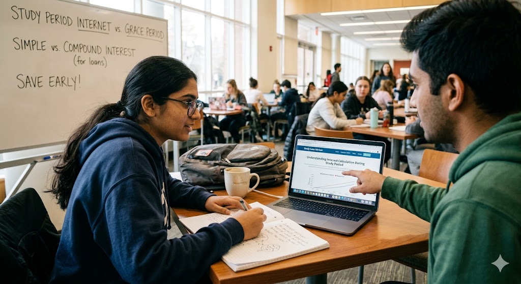 Student learning about education loan interest during study period