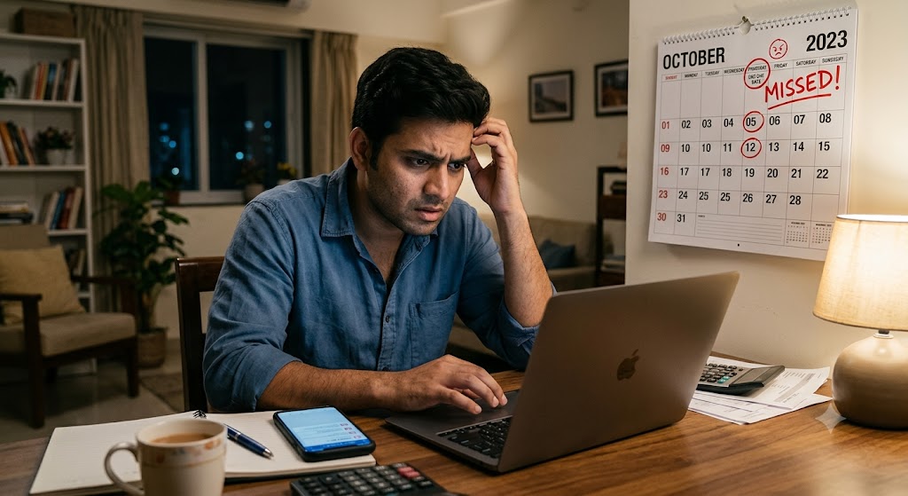 Person checking a missed EMI payment and its impact on future loan approval.