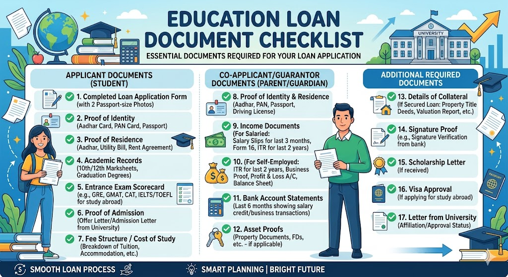 Documents required for an education loan application.