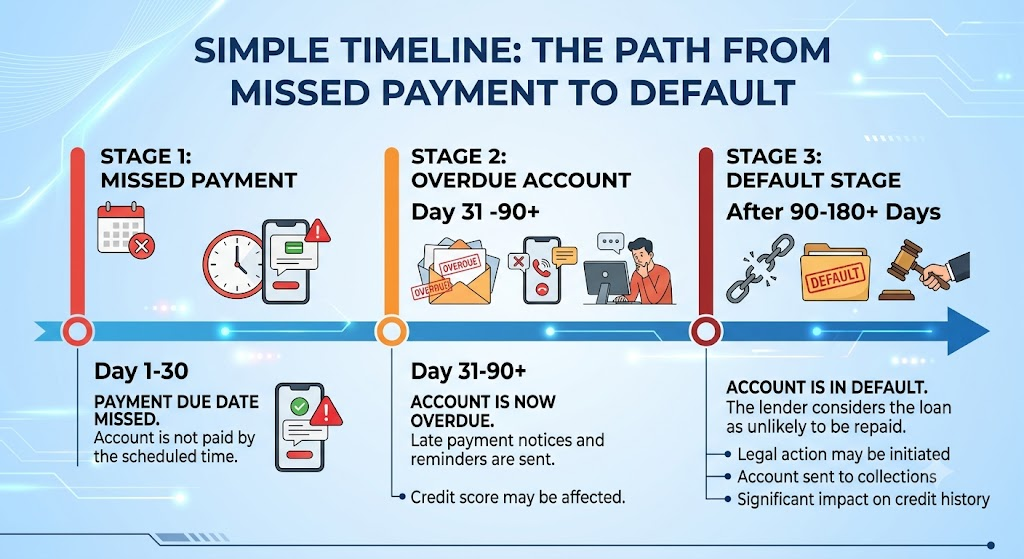 Simple timeline showing missed payment, overdue account, and default stage.