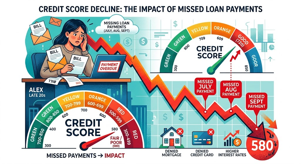 Illustration showing credit score decline after missed loan payments.