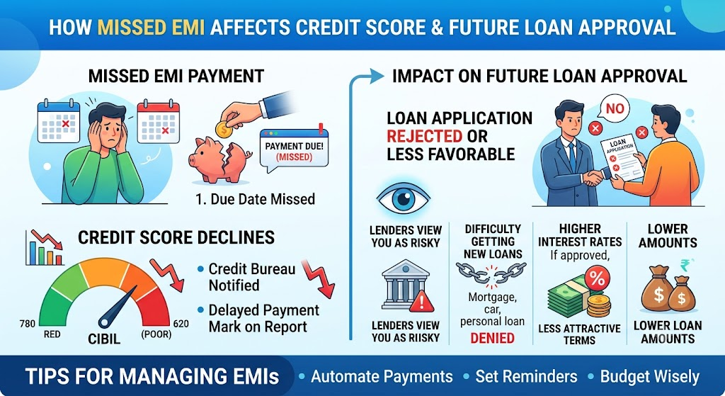 Infographic explaining the effect of a missed EMI on credit score.