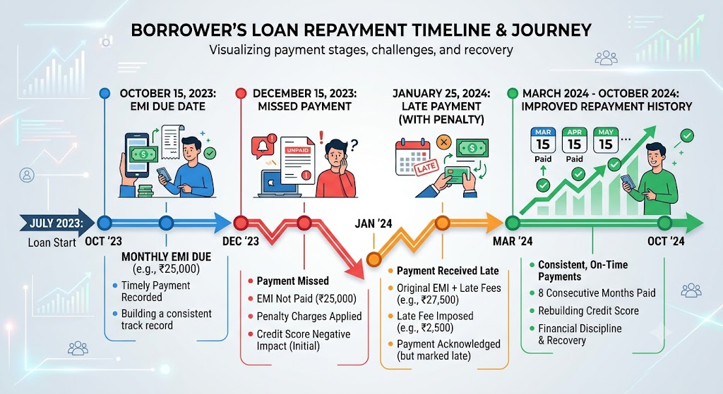 Timeline showing how timely EMI payments help improve loan eligibility.