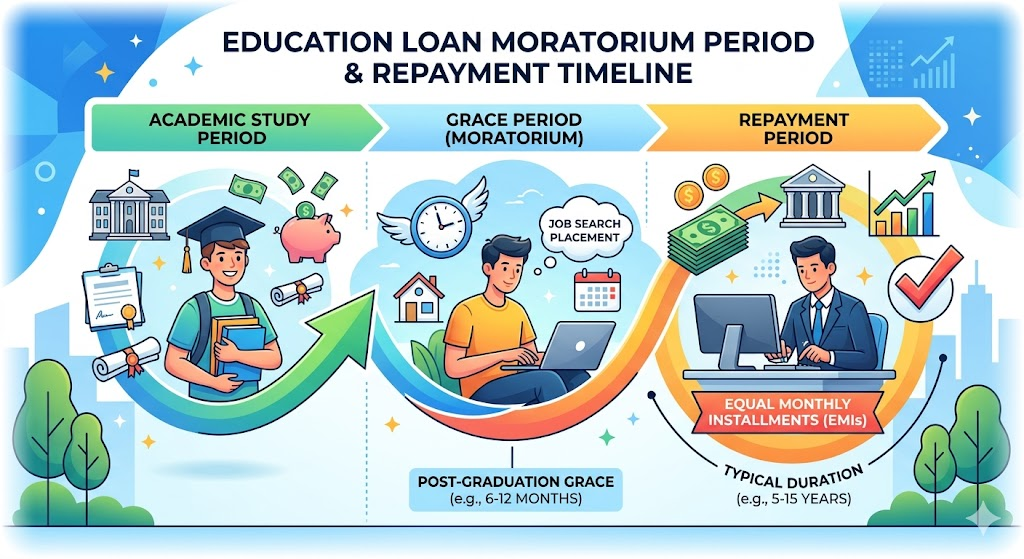 Illustration showing education loan moratorium period and repayment timeline