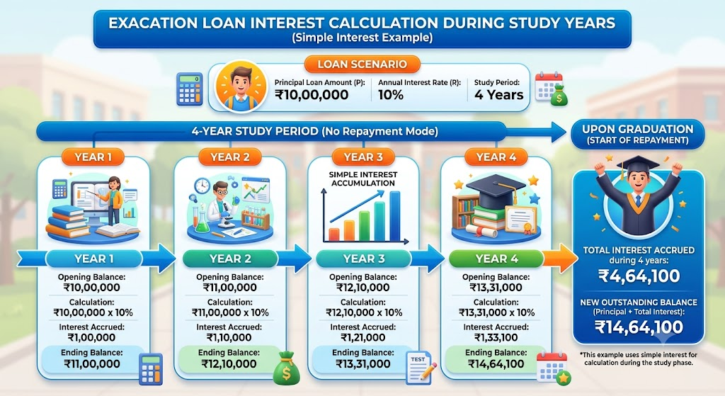 Example of education loan interest calculation during study years